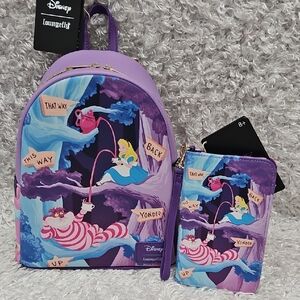 NWT Loungefly Alice In Wonderland Wicheshire Cat Mini Backpack And Wallet Set